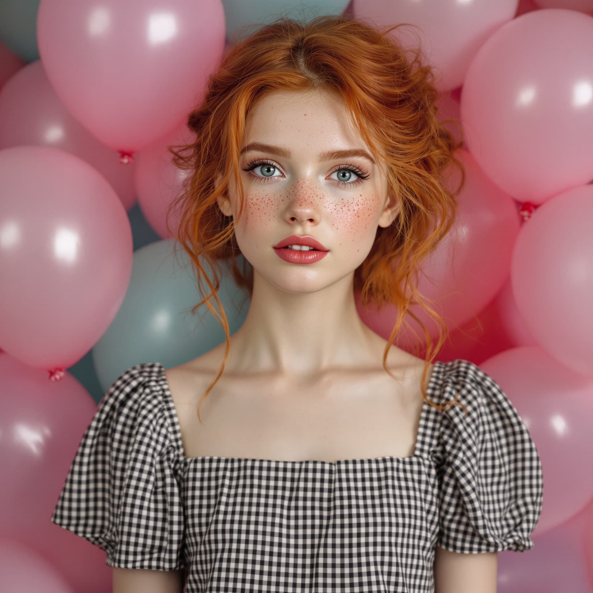AI generated: up close portrait of a gorgeous red-haired girl with freckles, wearing a gingham dress. She is stand...