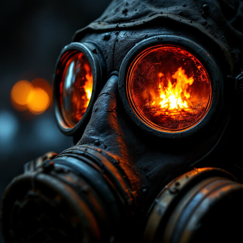 AI generated: A close-up shot of a Chernobyl liquidator's gas mask, filling the frame with gritty, realistic detai...
