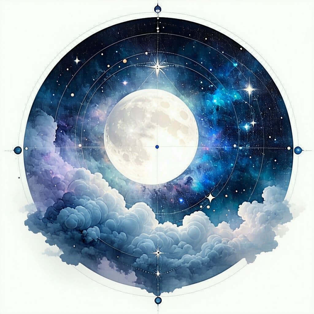 AI generated: **Celestial Calm:** A mandala inspired by the night sky, featuring a crescent moon and a cluster of ...