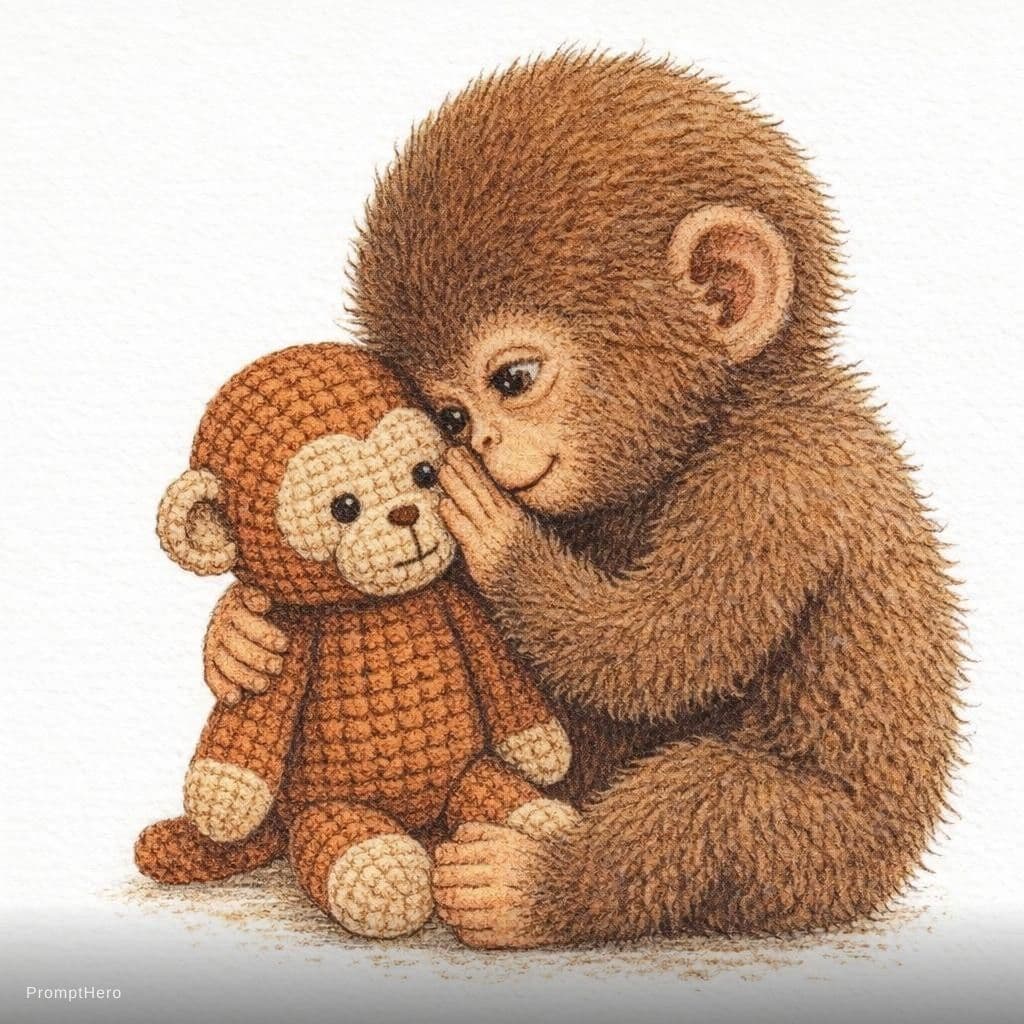 AI generated: vintage children's book illustration, emotional scene, cute baby monkey with fluffy brown fur leanin...