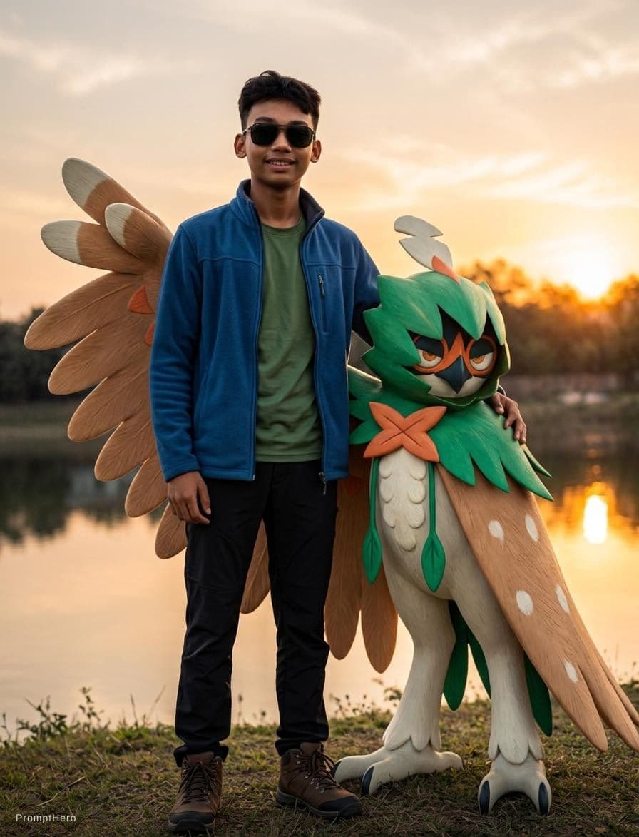 AI generated: a decidueye with a trainer wearing a blue fleece a green top black walking trousers and walking boot...