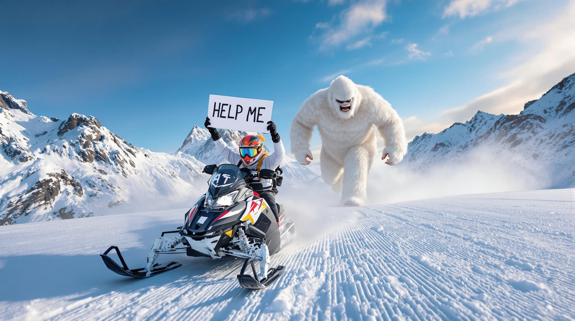 AI generated: a man on a snowmobile holding a sign that says "HELP ME" going down a snowy mountain and behind them...