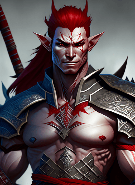 AI generated: evil male elf fighter with muscular grey skin and red hair, samurai armor, ultra realistic, concept ...