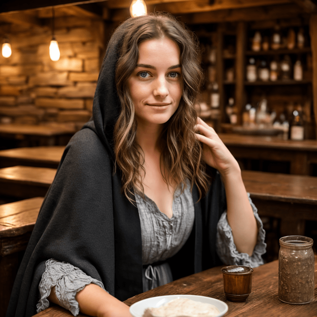 AI generated: A woman sitting alone at a table in a dimly lit medieval tavern, positioned slightly away from the c...
