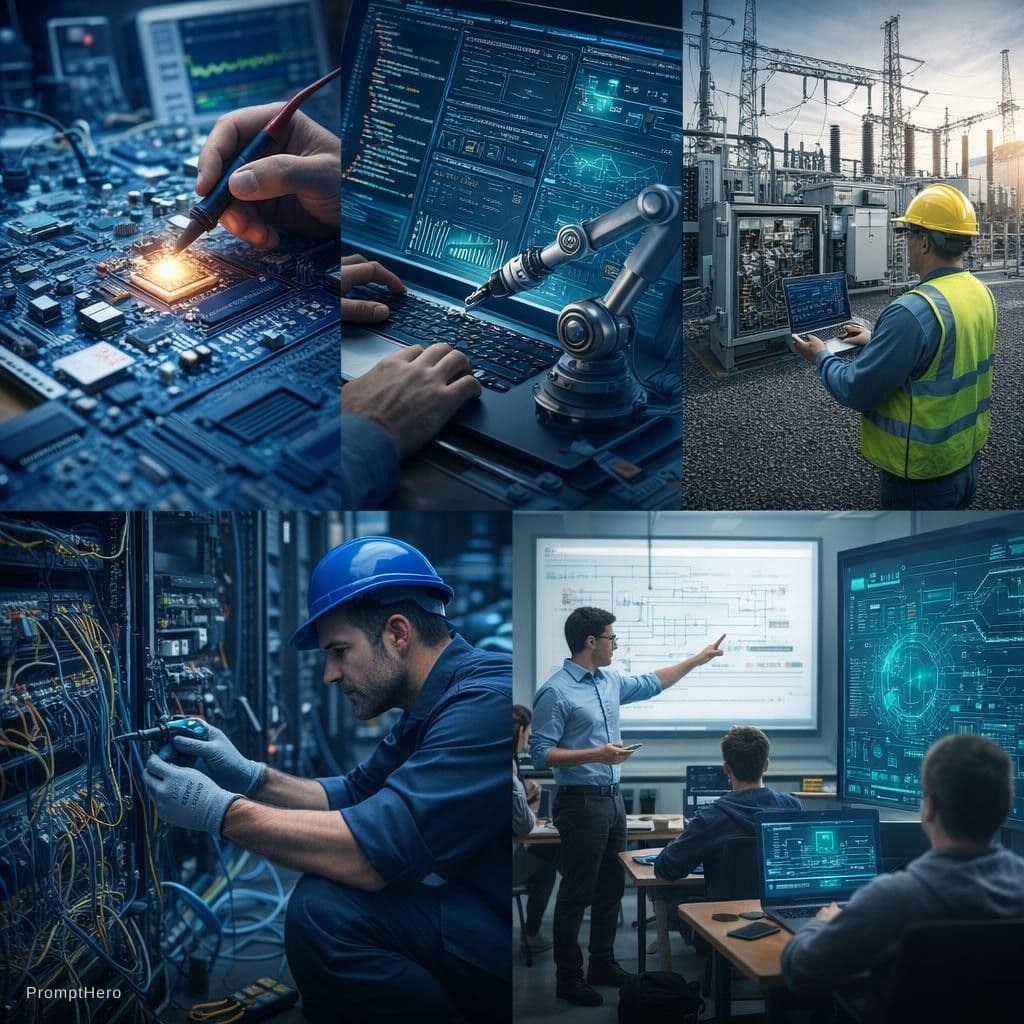 AI generated: Imágenes alusivas a mi profesión: Electrónica y Circuitos; Programación y Automatización; Energía y ...