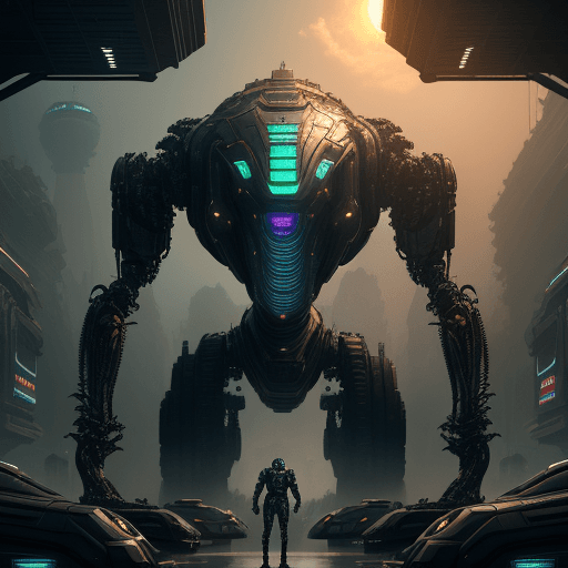 AI generated: crocodile robot standing surrounded by huge sci fi reactor robotic cyborg city with intricate mechan...