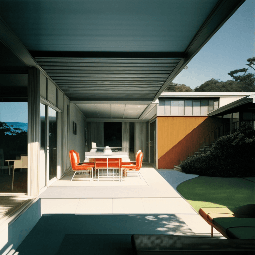 AI generated: Hyper realistic eye level exterior photo of a mid century modern style house overlooking the ocean, ...