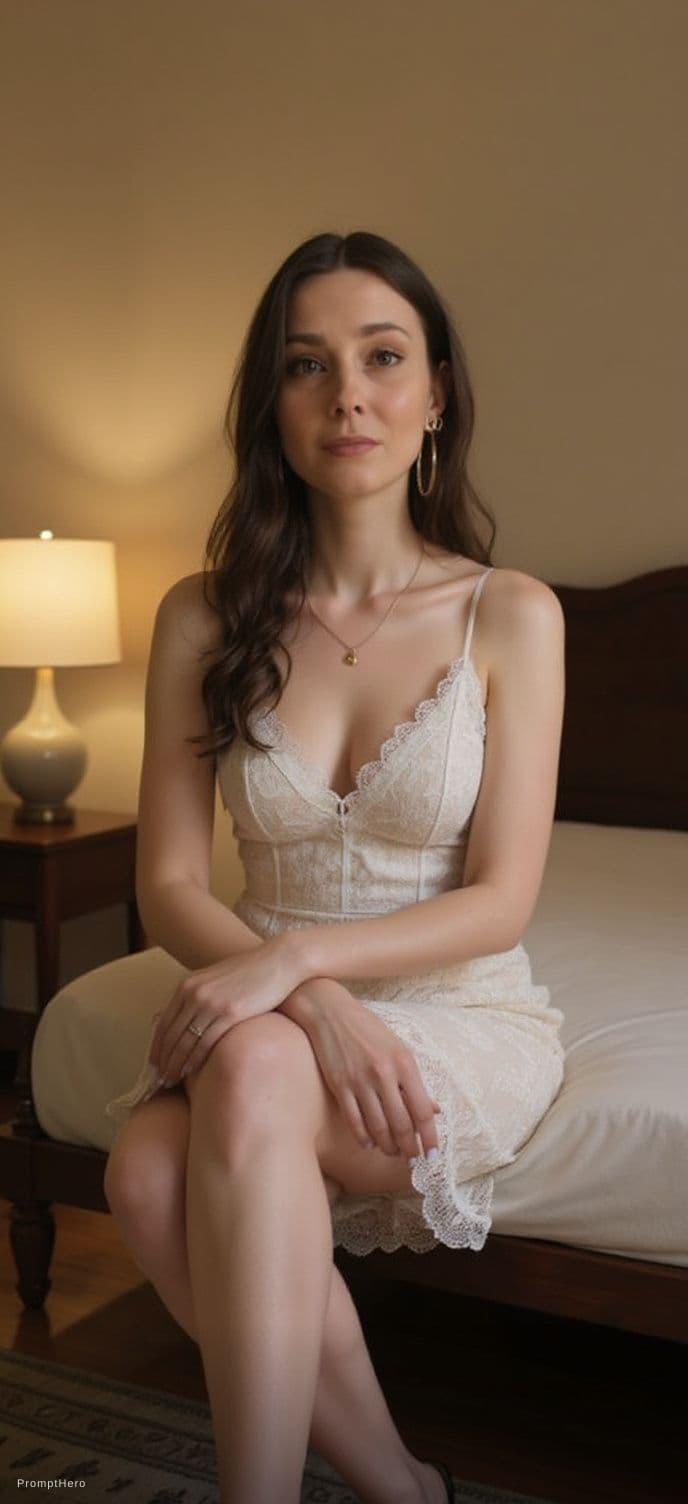 AI generated: Take the face from the input picture. sitting gracefully on the edge of a vintage bed in a warmly li...