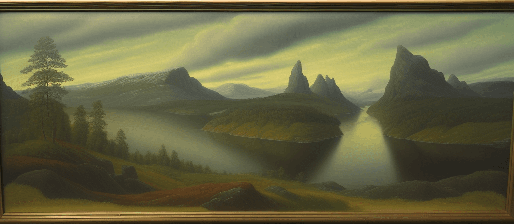 AI generated: an oil painting of a Scandinavian landscape in the style of Caspar David Friedrich