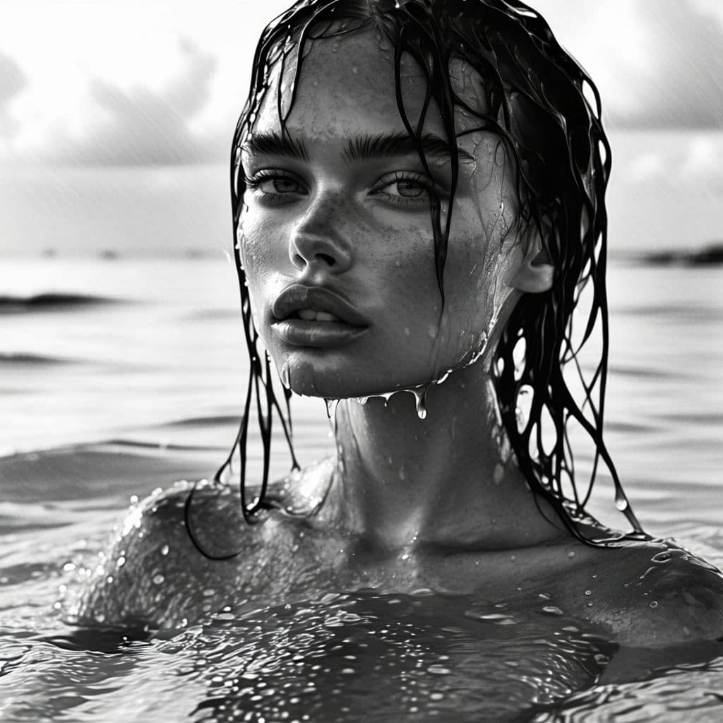 AI generated: a black and white photo of a woman in the water, mert and marcus, drops, kristine froseth, carola ru...