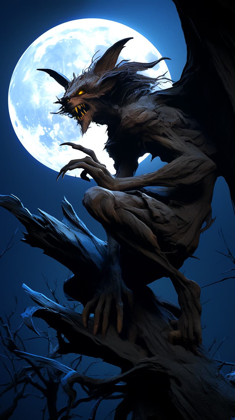 AI generated: Aswang, scary monster with bat-like wings and fangs, lurking behind a tree, full moon in the backgro...