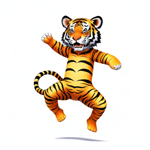 AI generated: color pencil drawing, colorful cartoon characters, a cute tiger baby with jumping posture, simple li...