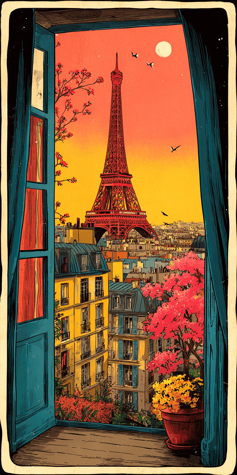 AI generated: a bedroom view of the Eiffel Tower --chaos 75 --ar 1:2 --sref 3442372648 --stylize 750