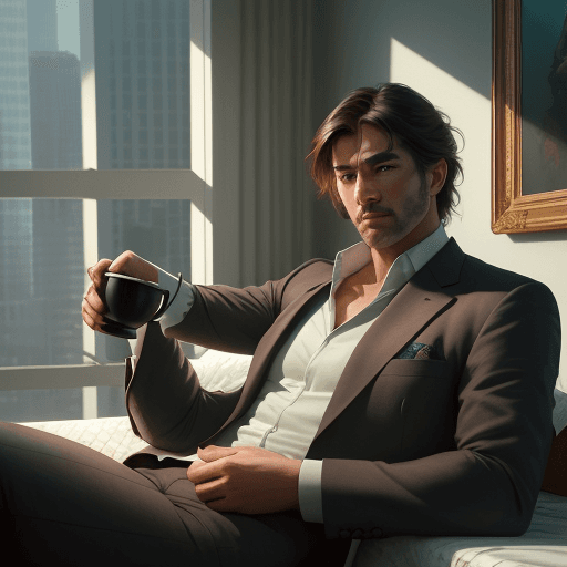 AI generated: a ultra realistic photo of man laying on a mattress floating a top of a giant cup of coffee, busines...