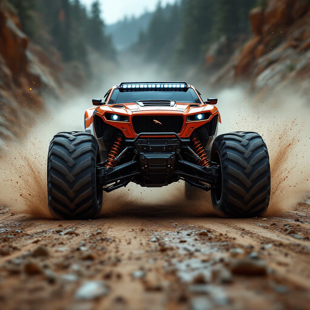 AI generated: photography, sports shooting, dynamic range, dynamic motion with a sci fi, futuristic 4x4 jaguar fty...