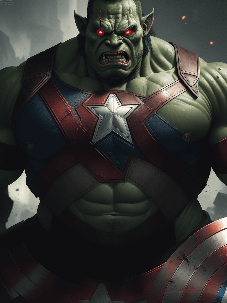 AI generated: body portrait, very angry captain america orc, intimidating, menacing, powerful, low angle, horror, ...