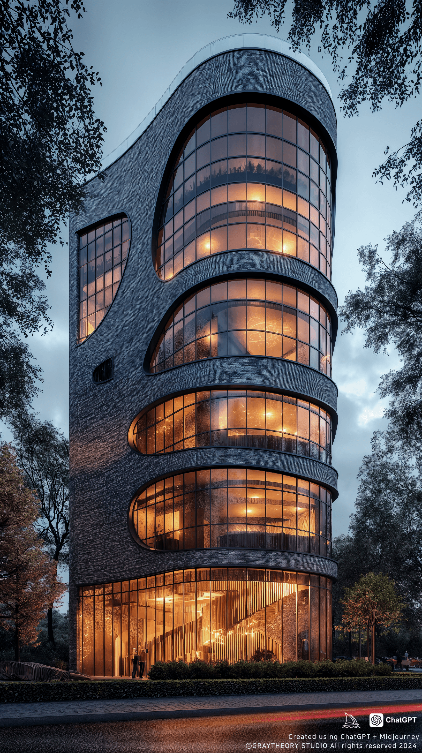 AI generated: photorealistic, canon EOS 5d, minimalistic medium scale office building, curved brick, geometric sha...