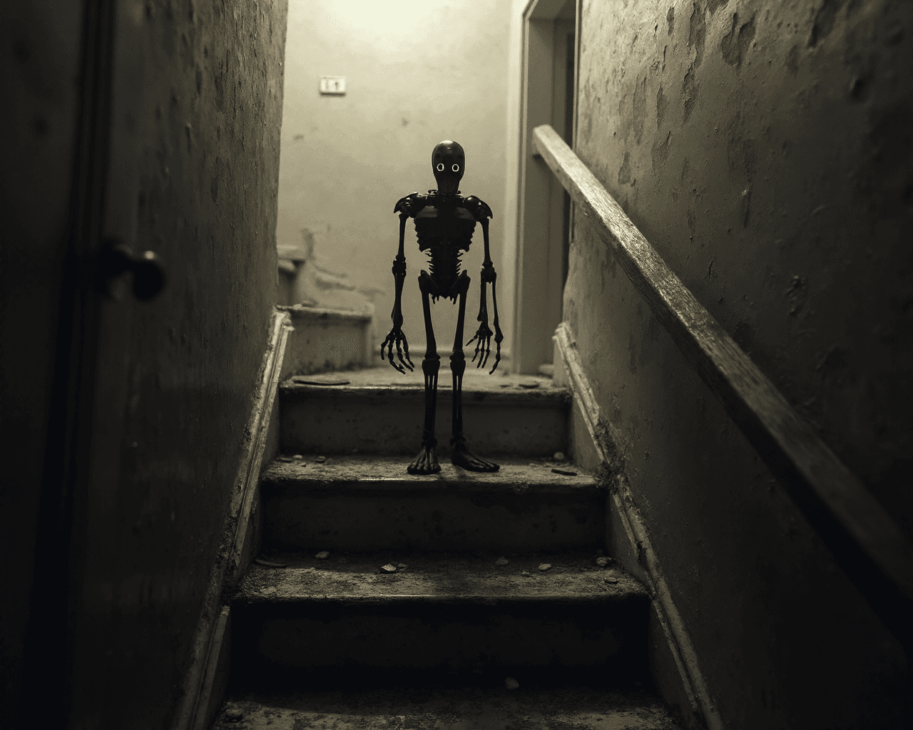 AI generated: realistic photo of top of the stair in hunted house a terminator robot with long feets and long hand...