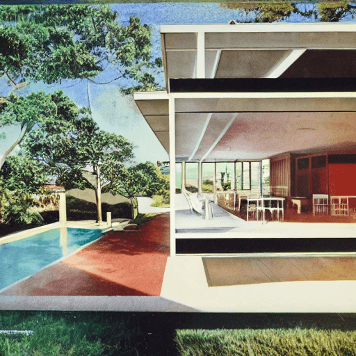 AI generated: hyper realistic eye level exterior photo of a mid century modern style house overlooking the ocean, ...