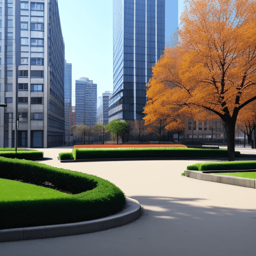 AI generated: Two buildings, with an empty park between them.
