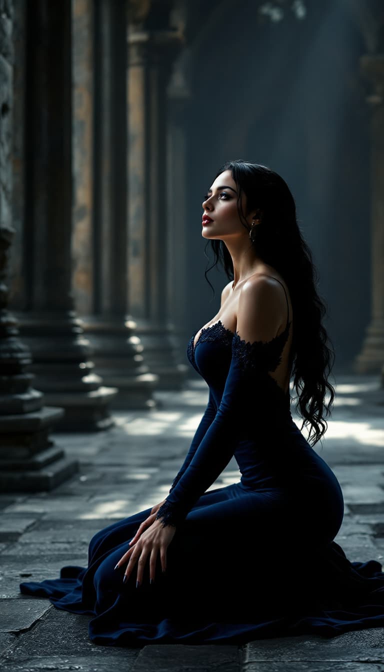 AI generated: A cinematic scene of Alina Dreymore, a noblewoman in her early thirties, positioned gracefully on he...
