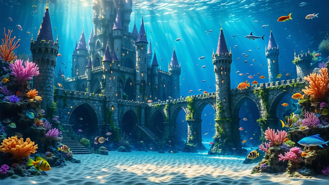 AI generated: Create an image of a ((super realistic underwater kingdom, with ultra detailed ancient castles, many...