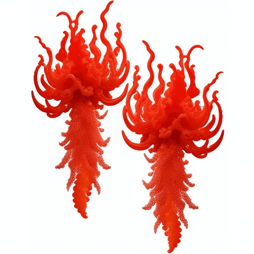 AI generated: a pair of red coral earrings on a white background, blazing fire tornadoes, molten plastic, full of ...