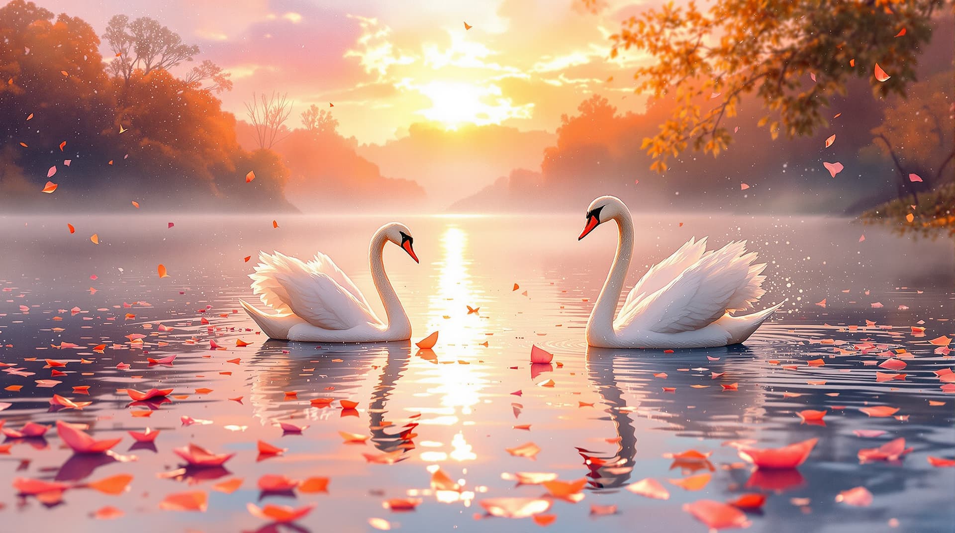 AI generated: swans gliding across a glowing lake, petals drifting on the water, warm orange and pink sky abovek h...