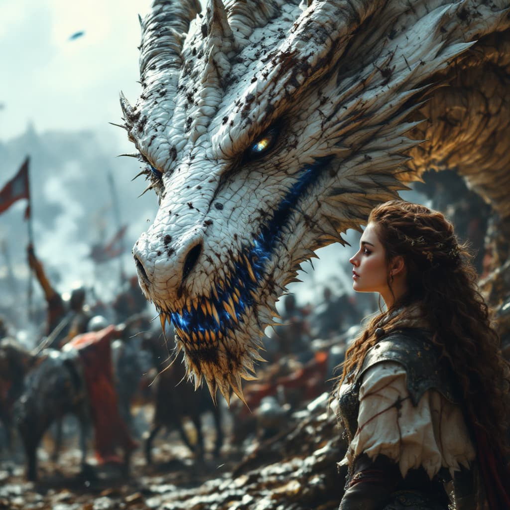AI generated: beautiful princess in a game of thrones style war, was in front of a very beautiful face dragon, A f...