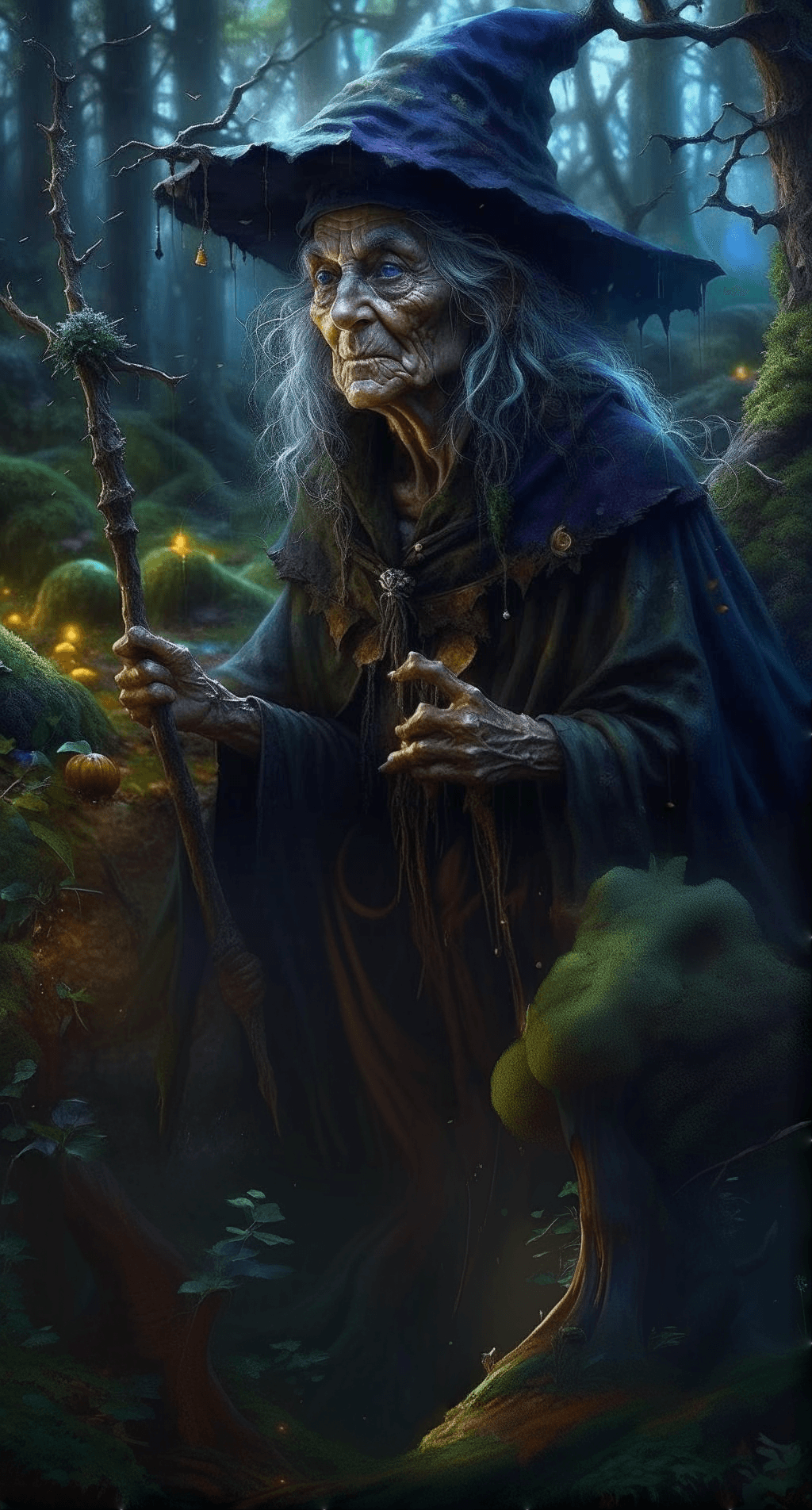 AI generated: old witch in a creepy forest, dark forest, textured Speedpaint with large rough brush strokes and pa...