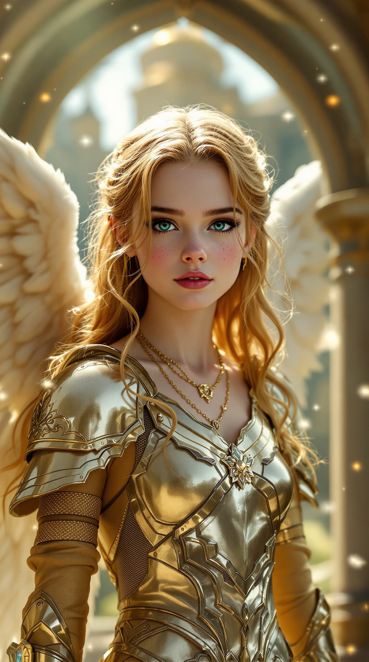 AI generated: A masterful hyper-realistic depiction of Elle Fanning as the Guardian Angel, radiating ethereal beau...