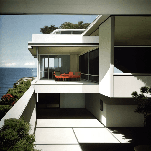 AI generated: Hyper realistic eye level exterior photo of a mid century modern style house overlooking the ocean, ...