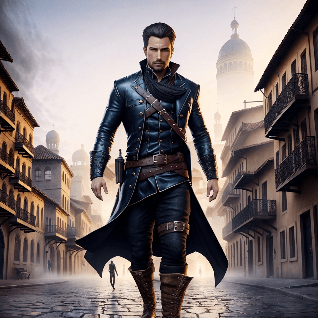 AI generated: a city of thieves with a (rogue thief) walking down the street, 8k, masterpiece, vibrant, artgerm, t...