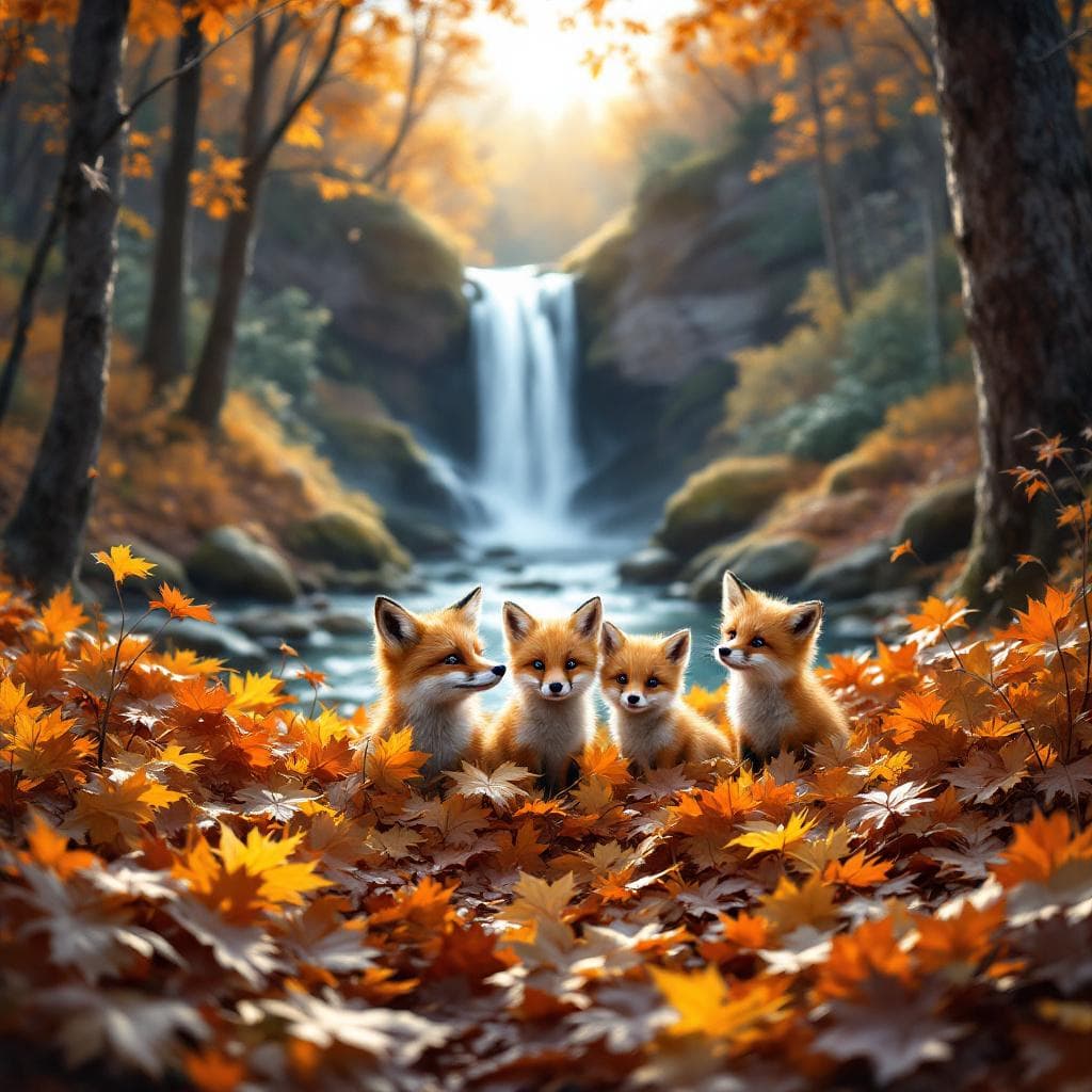 AI generated: A fox with her cubs peering out of a pile of Autumn leaves in a forest glen with a waterfall in the ...