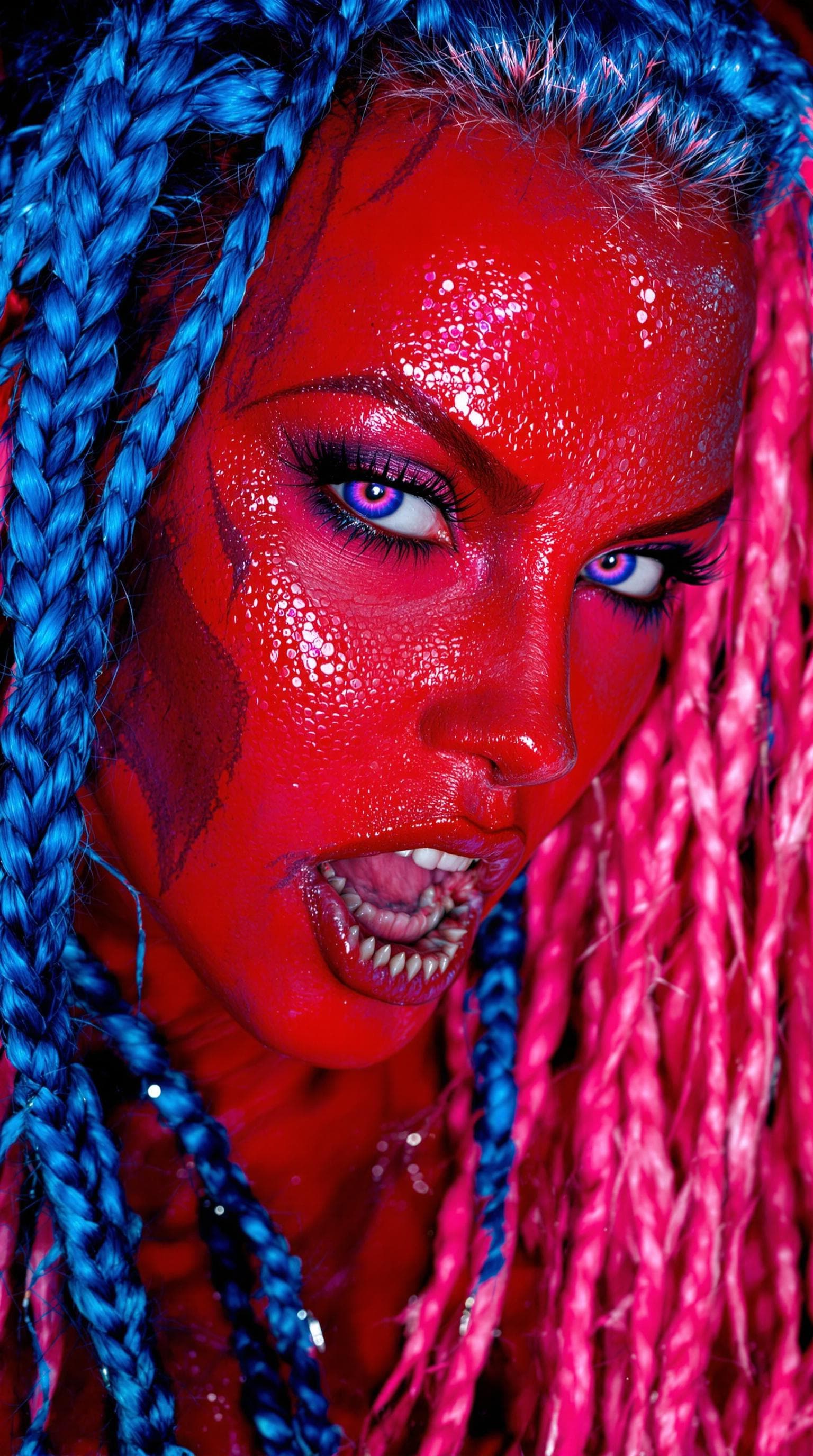 AI generated: a portrait of an evil demon woman with blue and pink braided hair, sexxy, her skin is a blazing red,...
