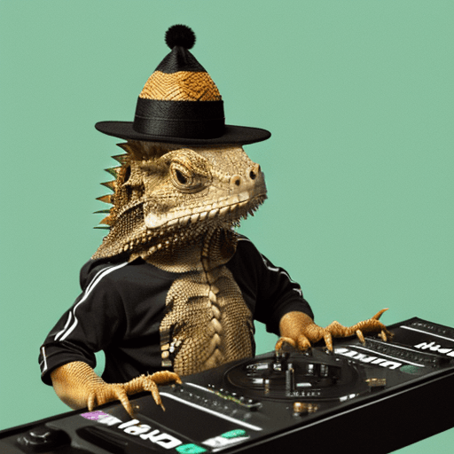 AI generated:  a bearded dragon as a dj with a cool hat