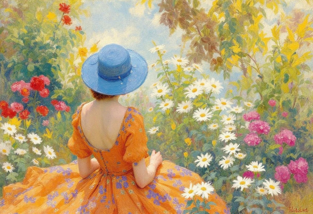 AI generated:  
landscape of woman wearing blue hat and orange dress in garden with daisies in Pierre-Auguste Reno...