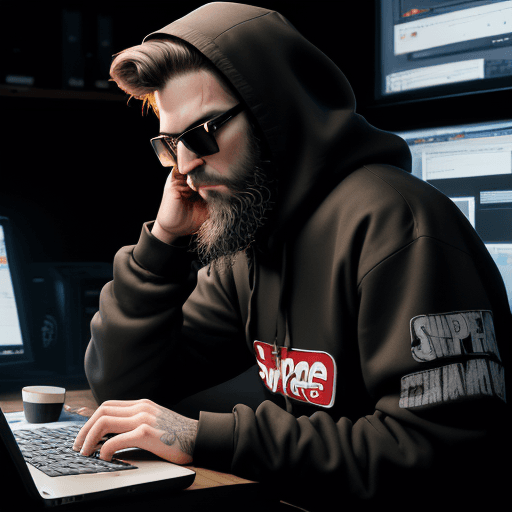 AI generated: hacker, dark room, coder, computer, man, medium beard, cool, grunge, (typing), ultra detailed face, ...
