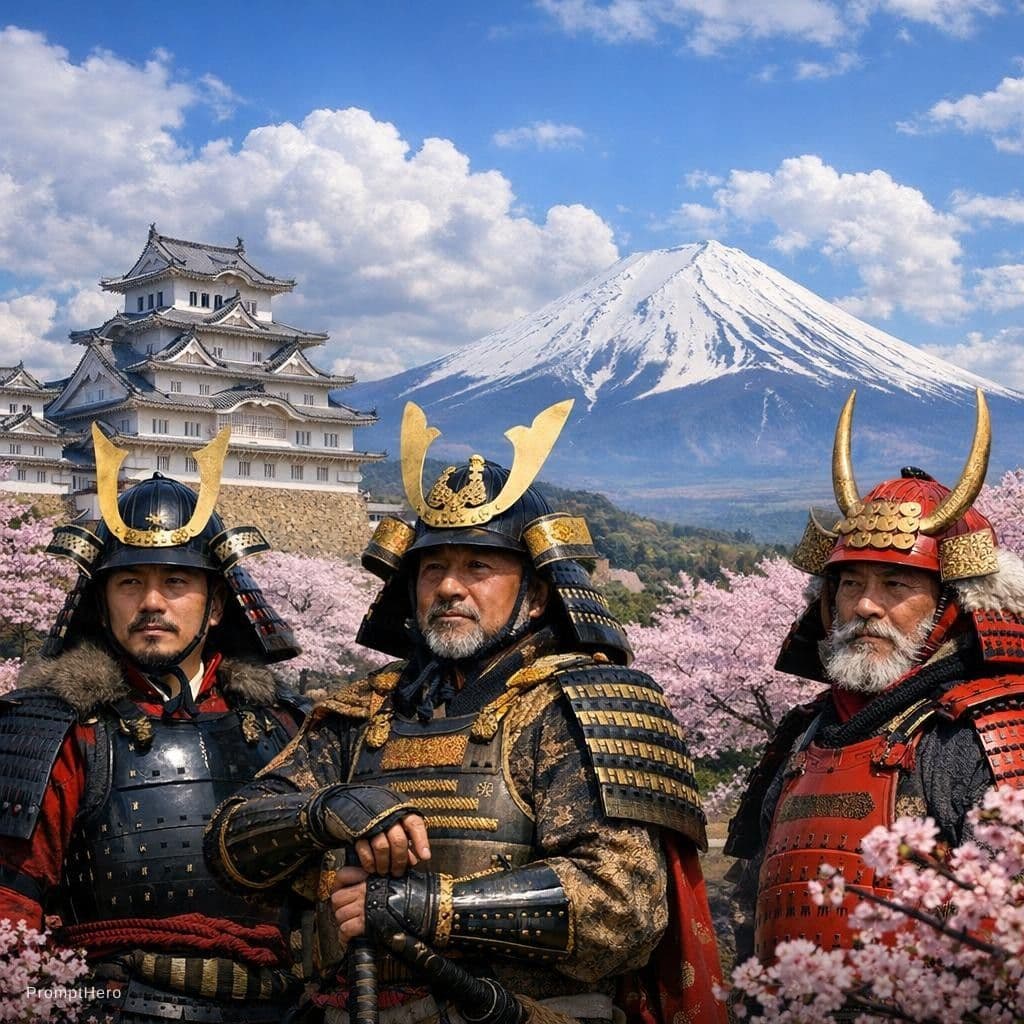 AI generated: Japanese Warlords of the Warring States Period and The castle and Mt. Fuji The season is spring when...