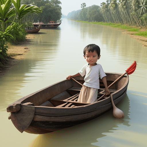 AI generated: khmer child on a garlic bulb boat on the river