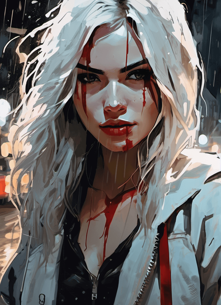 AI generated: close up of a 20yo sadistic female, long white hair, psychopathic, smile, (blood-soaked:1.1), (empty...