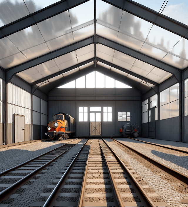 AI generated: photo ultra realitic, 8k, shed railway Locomotive Shed ,isometric view, The style should be contempo...