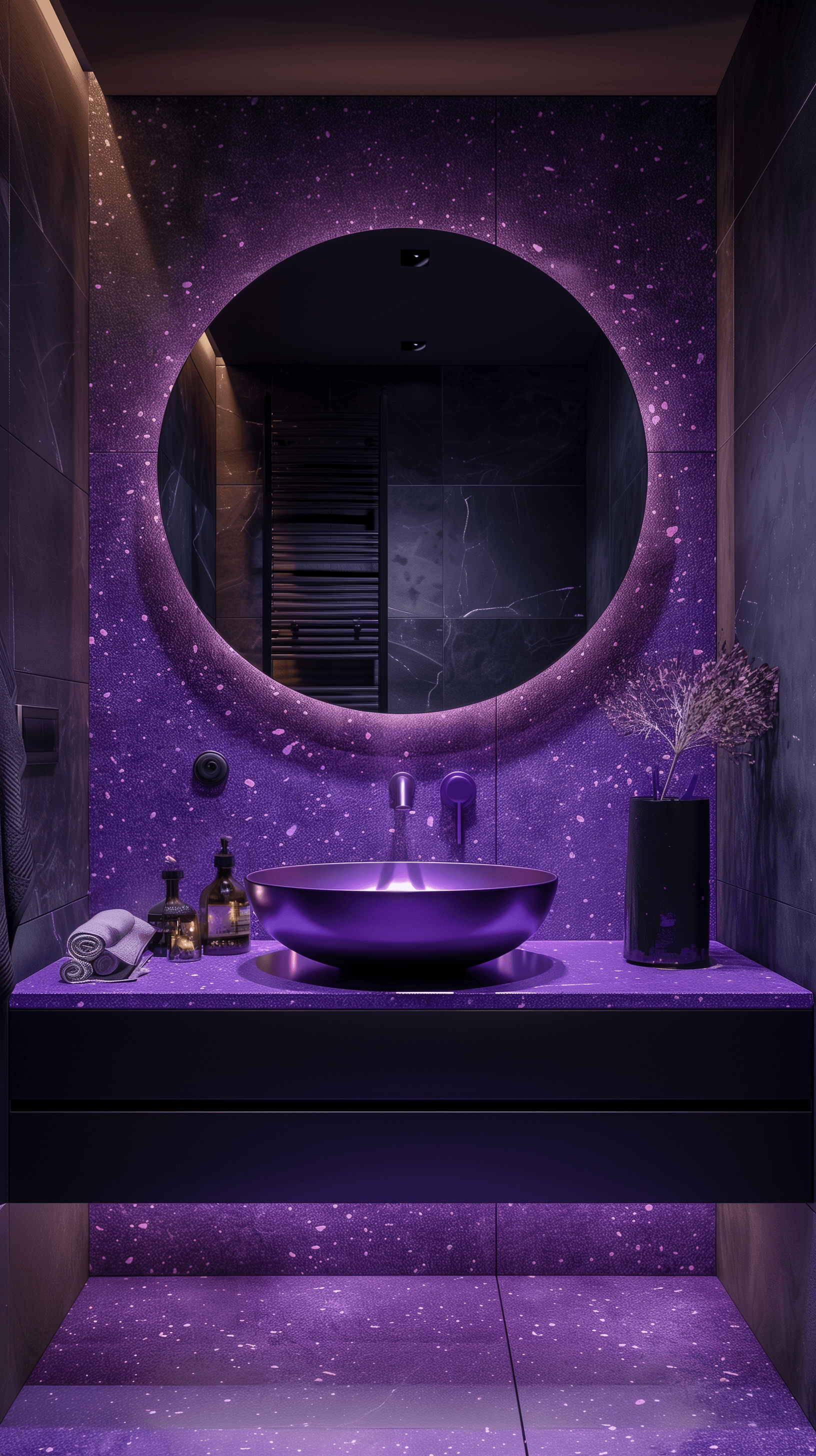 AI generated: contemporary bathroom interior, perspective, sleek top bowl basin, matte purple and matte black colo...