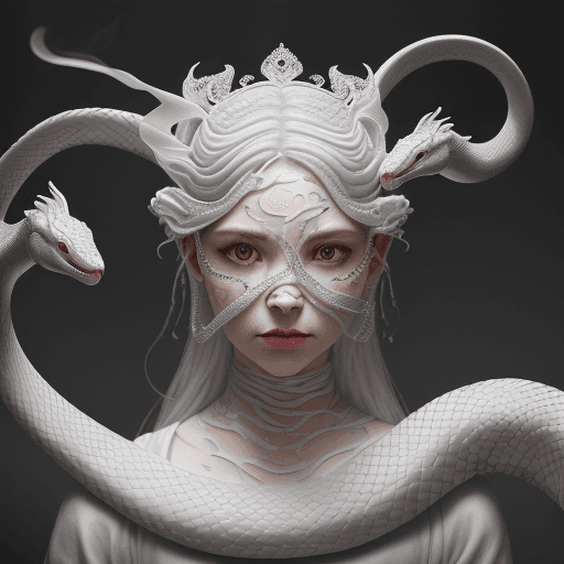 AI generated: a woman is wearing a white snake on her face, in the style of meticulous photorealistic still lifes,...
