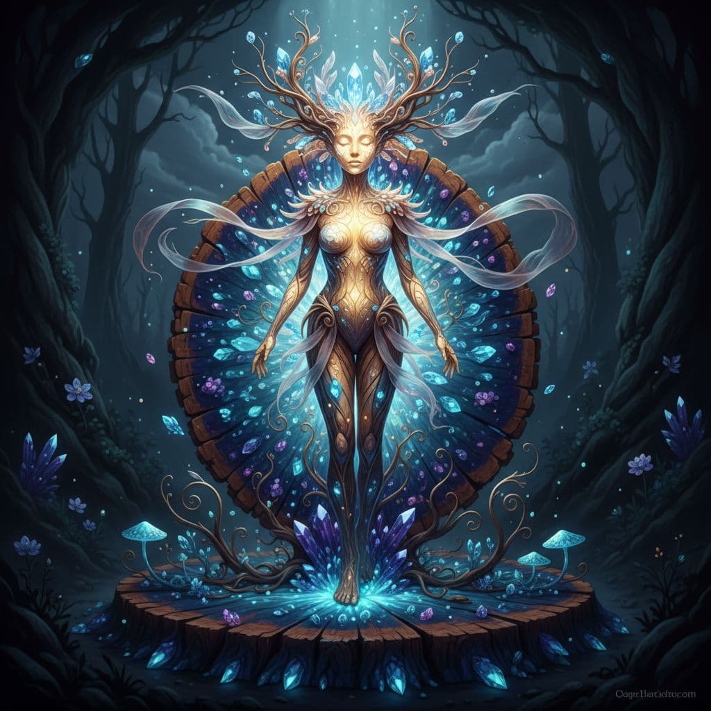 AI generated: an wooden slice made out of glowing crystals with a person's face illuminated, in the style of surre...