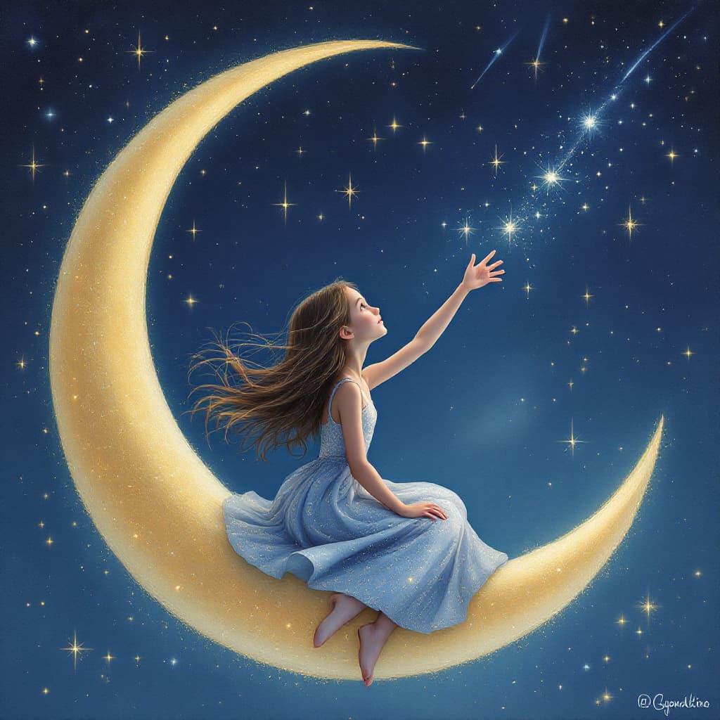 AI generated: A young girl with flowing hair sits on a crescent moon, gazing at a starry night sky filled with con...