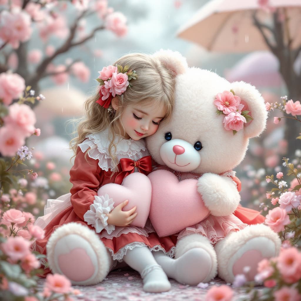 AI generated: A cute and pretty young girl with light blonde hair and rosy cheeks, around 5 to 7 years old, hugs a...