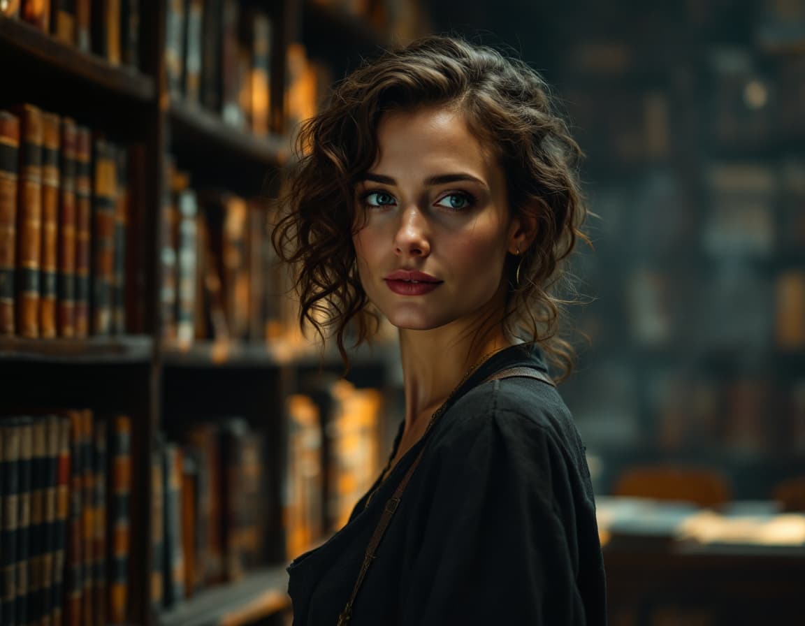 AI generated: Distinguished 45-year-old female literature teacher standing confidently in a dimly lit university l...