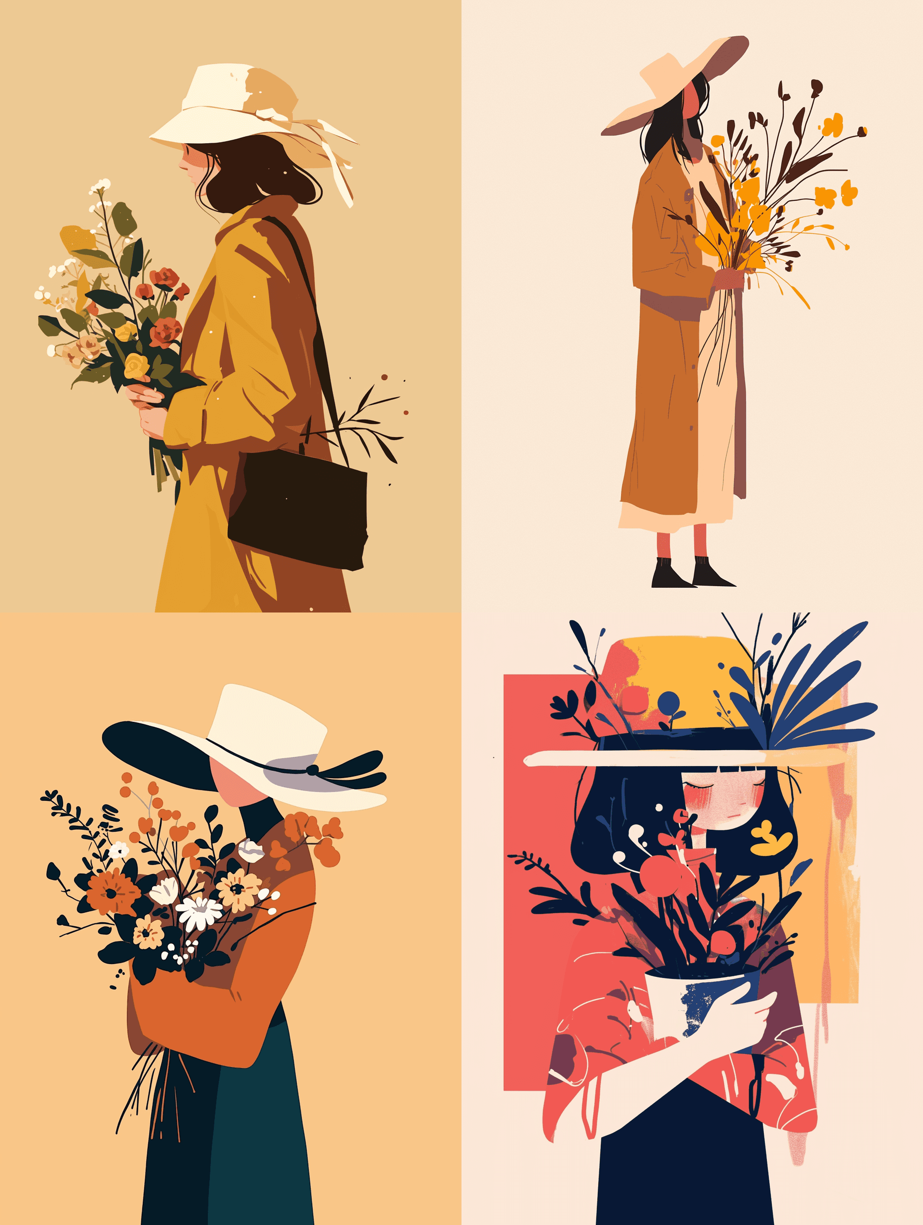 AI generated: A flat illustration of a girl wearing a hat and holding flowers, minimalist, warm, utilitarianism, g...
