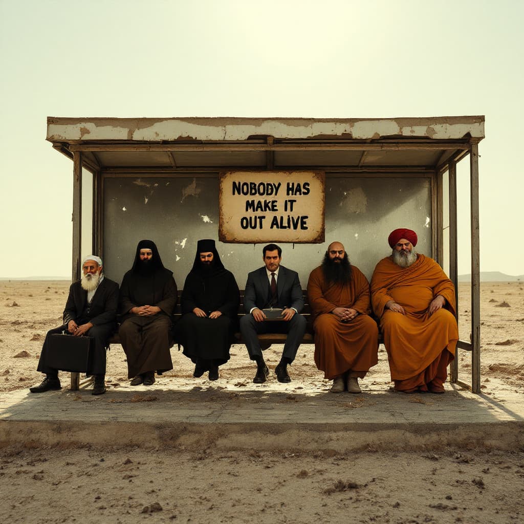 AI generated: Cinematic wide shot in the middle of a vast desert. A dilapidated bus stop stands isolated under a h...